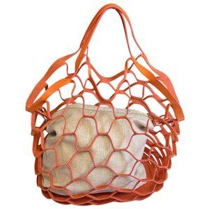Leather Mesh Beach Picnic Vacation Clutch Handbag Women's Orange Gray Boho
